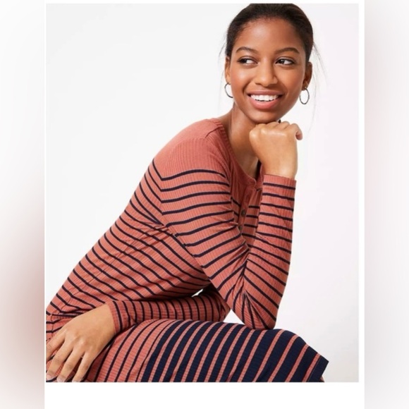 LOFT Striped Henley Midi Dress Sz L $89.50 - Picture 3 of 6